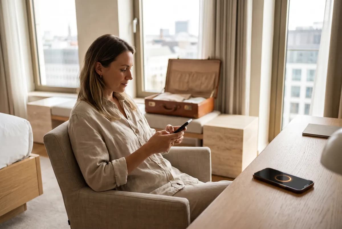 Hotelgast schreibt eine Nachricht auf dem Smartphone