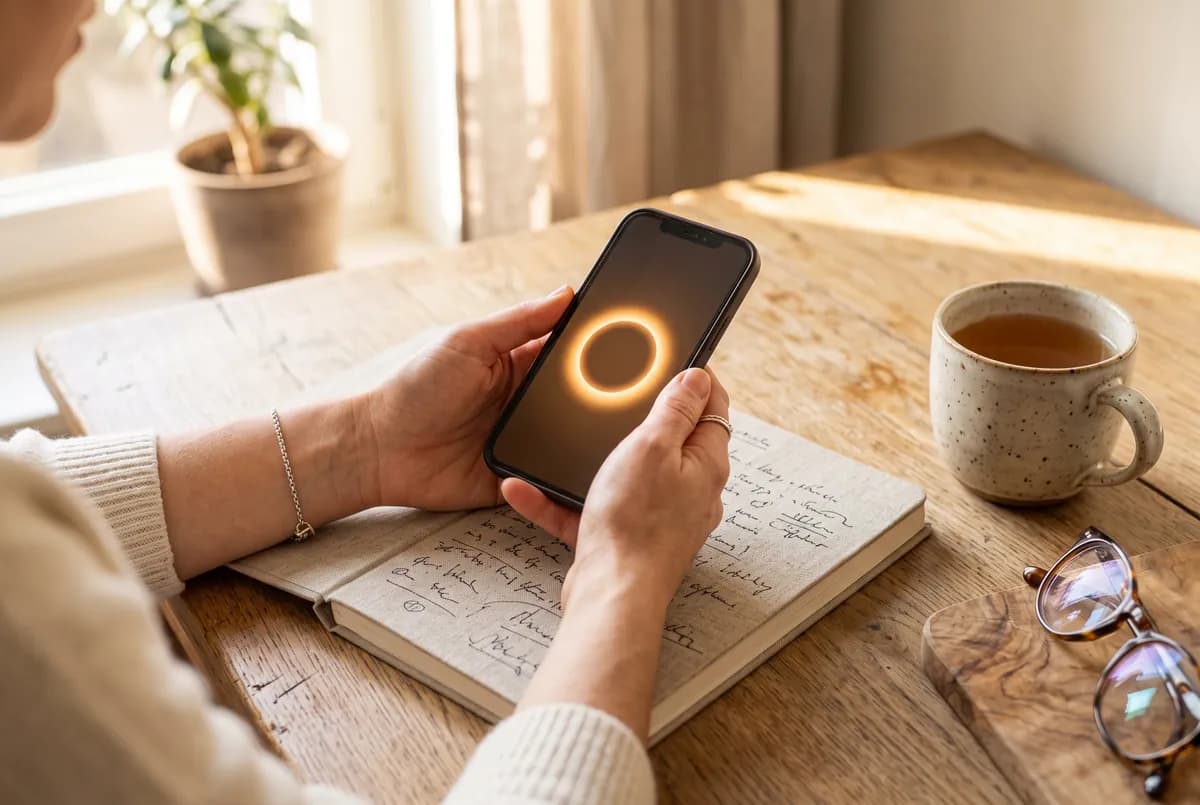 Hände mit Smartphone über Notizbuch mit Gesprächsnotizen