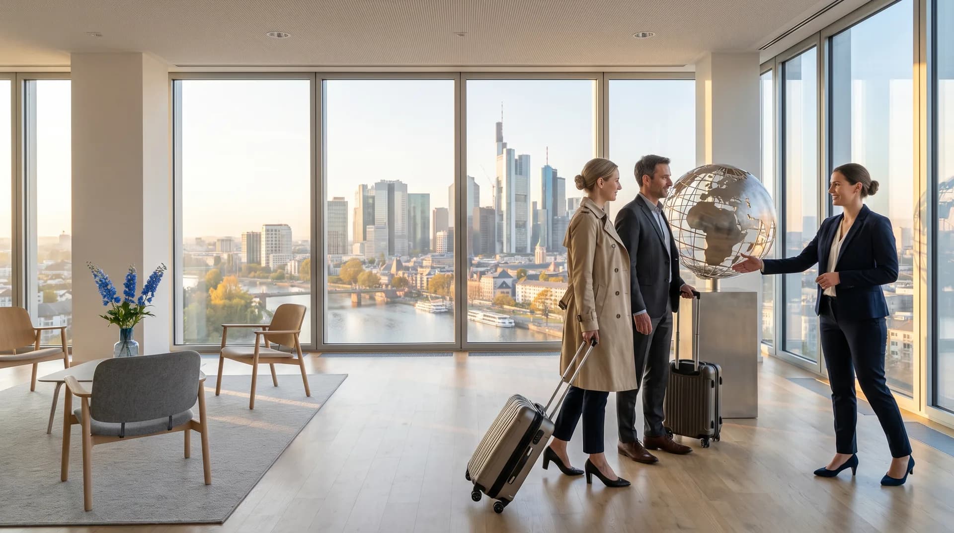 Internationale Empfangslounge in Frankfurt mit Blick auf die Skyline und den Main