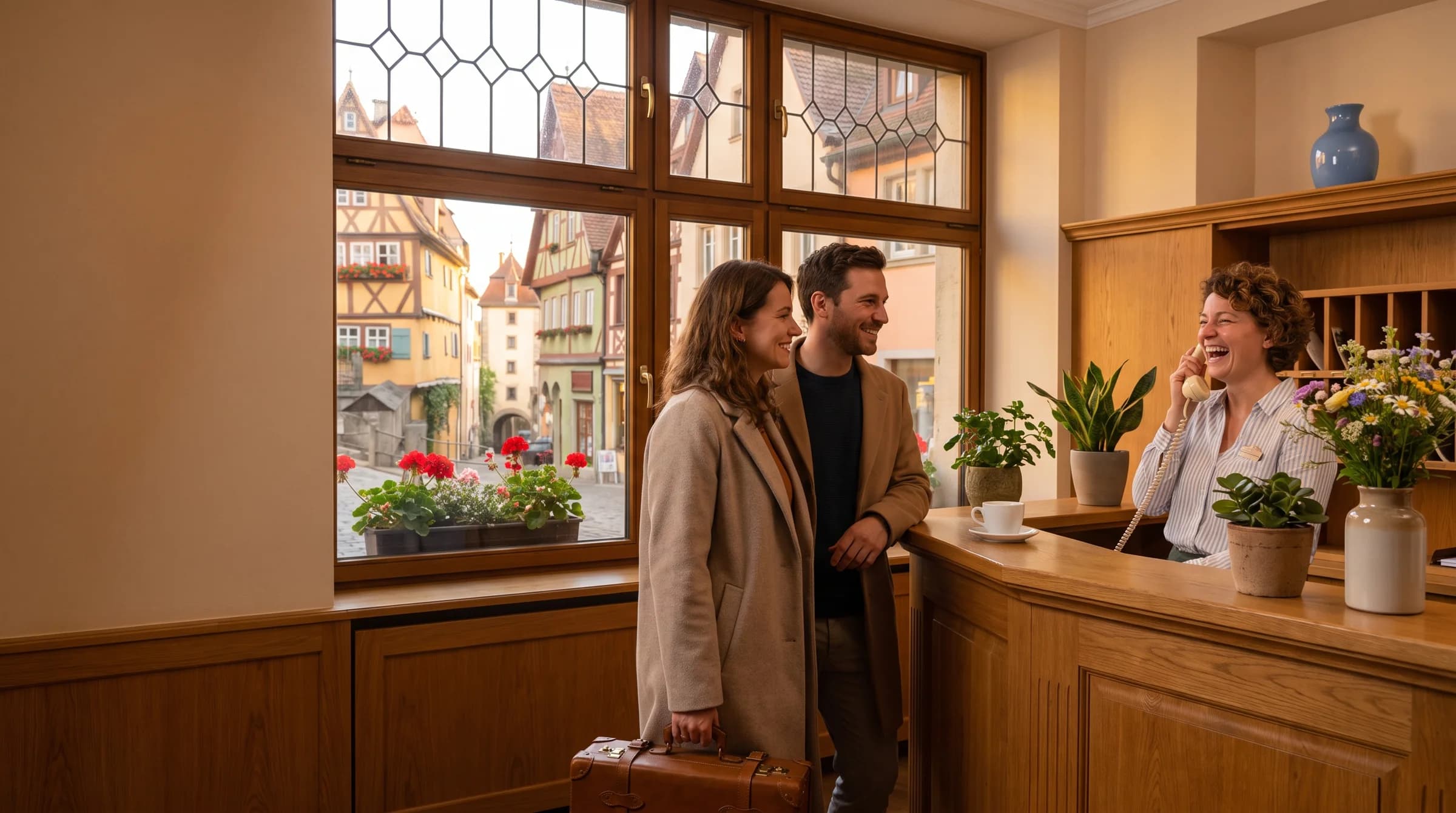 Eine Rezeptionistin lacht am Telefon an der Rezeption eines Familienhotels, ein Paar mit Koffer wartet, draußen bunte Fachwerkhäuser mit Geranien