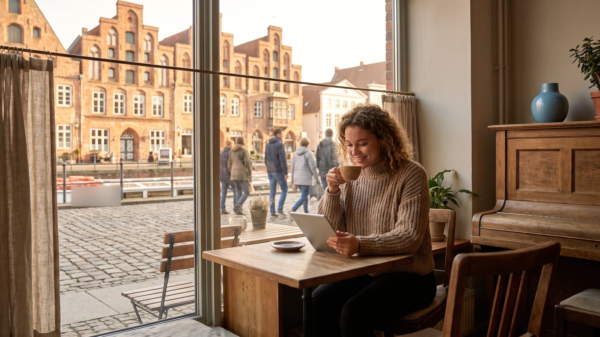 Eine Frau liest in einem gemütlichen Café einen Artikel auf dem Tablet