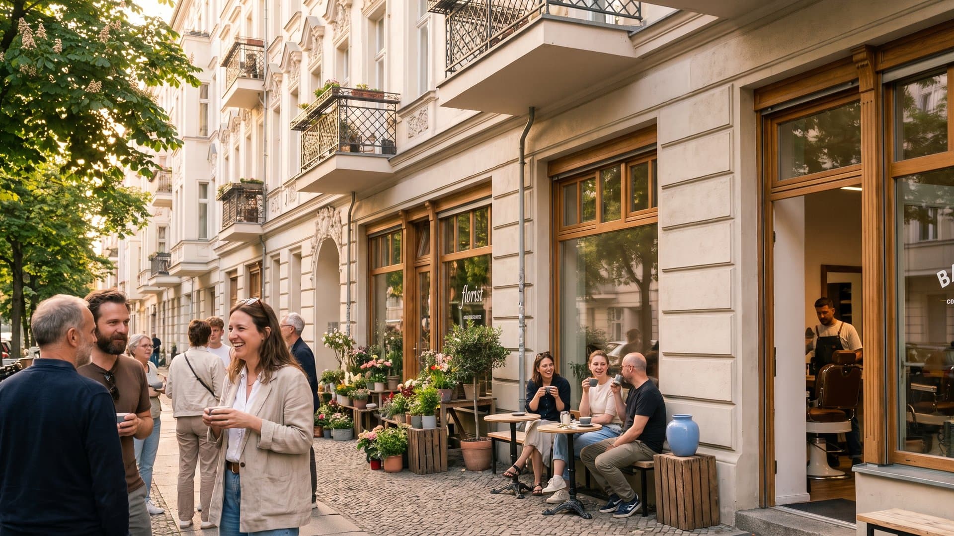 Eine Altstadtstraße mit kleinen Geschäften im Abendlicht
