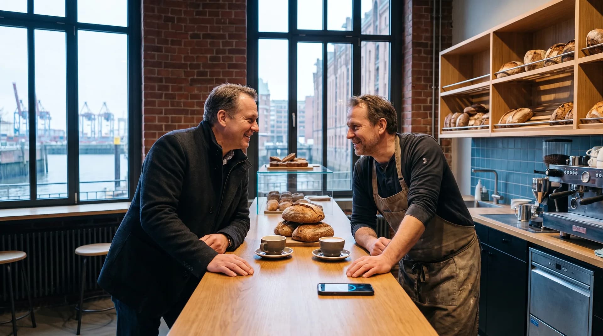 Zwei Unternehmer im Gespräch in einer Bäckerei