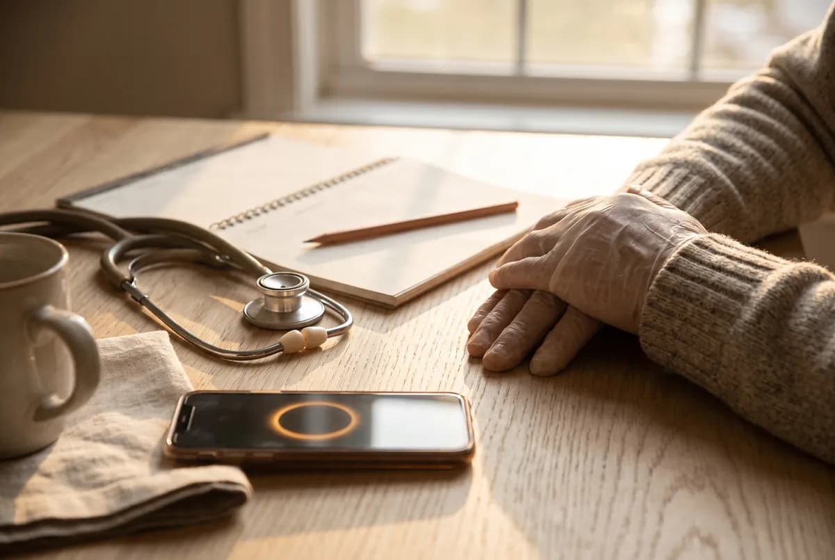 Stethoskop, Terminkalender und Smartphone auf dem Schreibtisch