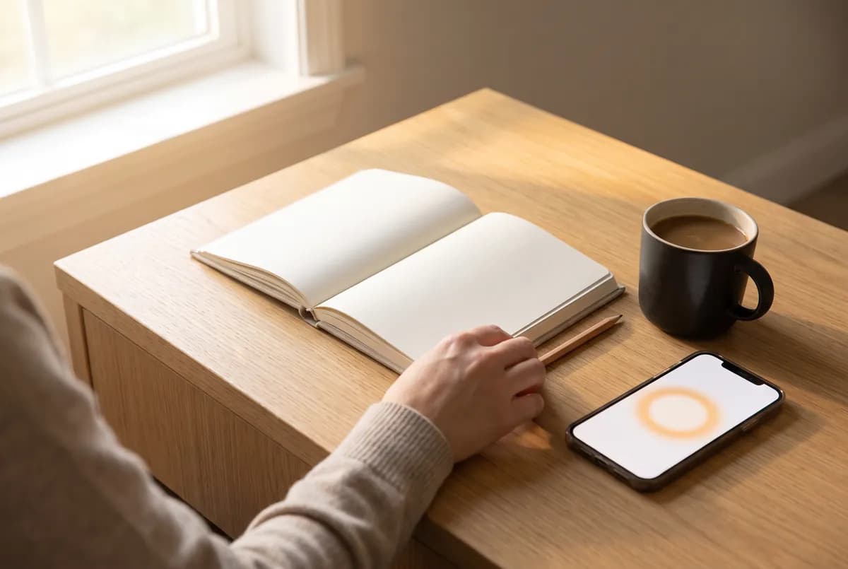 Smartphone mit KI-Empfang neben Terminbuch und Kaffee
